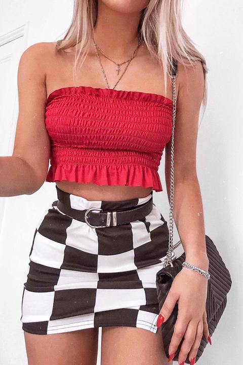 Red Shirred Frill Bandeau Crop Top - Camren