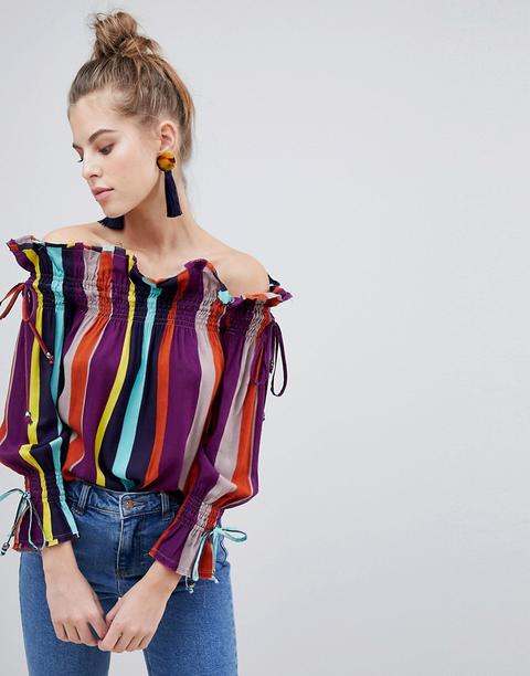 Boohoo - Top A Righe Con Scollo Alla Bardot E Laccetti Sulle Maniche - Multicolore