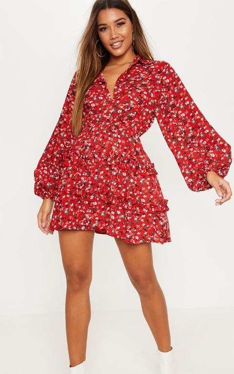 Red Floral Printed Frill Skater Shirt Dress