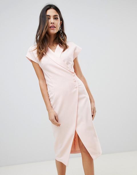 Vestido Midi Cruzado Con Detalle De Botón En El Lateral De Asos Design-rosa
