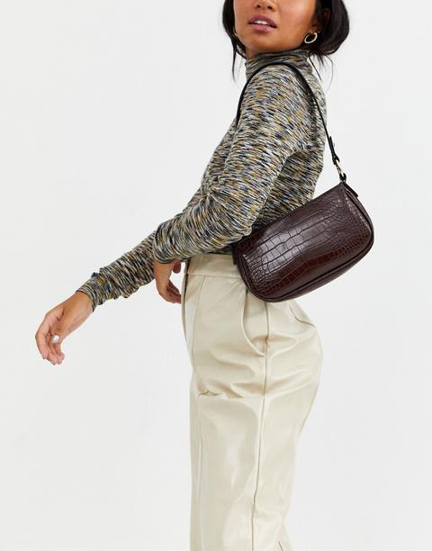 Asos Design Croc Effect 90s Shoulder Bag In Chocolate-brown