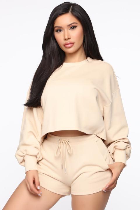 Made A Deal Lounge Cropped Crewneck - Tan