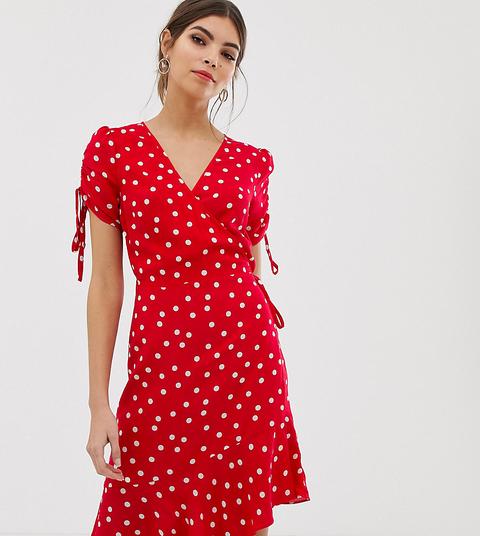 Vestido Cruzado Con Manga Fruncida Y Lunares En Rojo De Warehouse
