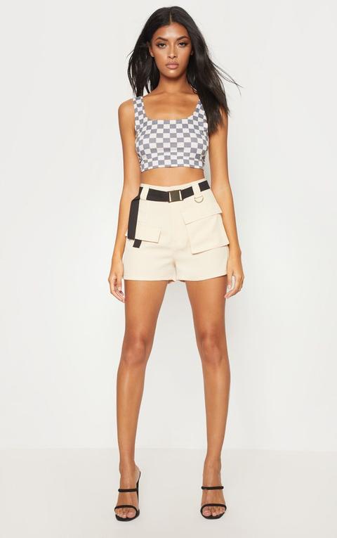 Stone Belted Waist Cargo Pocket Front Shorts, White