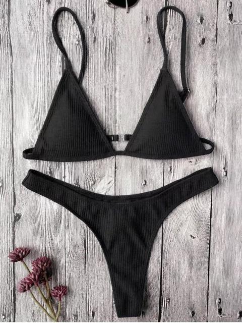 Brasier De Bikini Texturizado Con Escote Pico Con Thong White Black