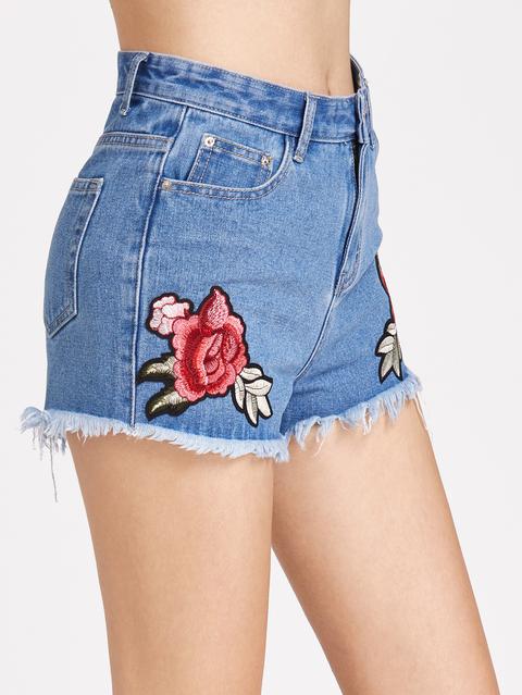 Shorts Di Patch Rosa In Denim Blu