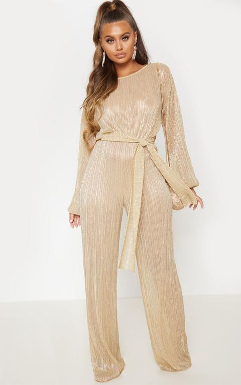 Gold Metallic Sheer Plisse Wide Leg Jumpsuit