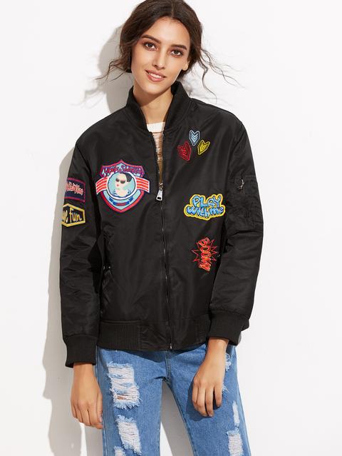 Giacca Bomber Ricamata Patch - Nero