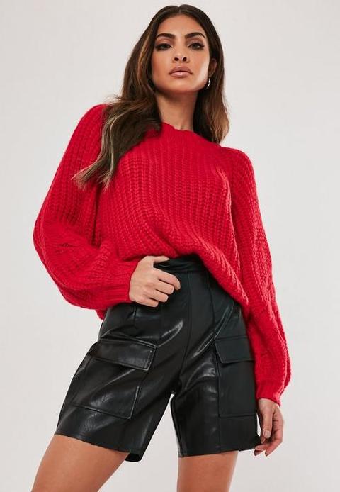 Red Raglan Cable Knit Sleeve Jumper, Red