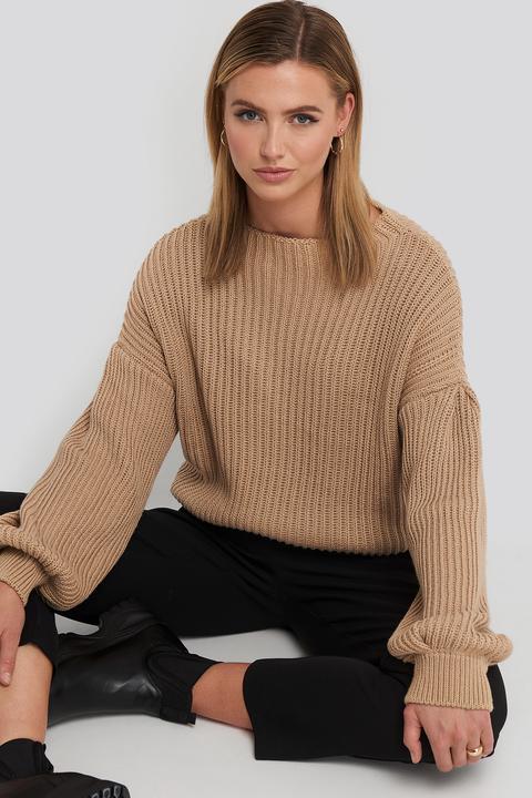 Na-kd Balloon Sleeve Knitted Sweater - Beige