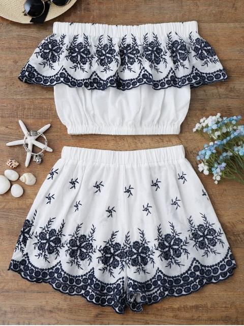 Off Shoulder Embroidered Crop Top With Shorts