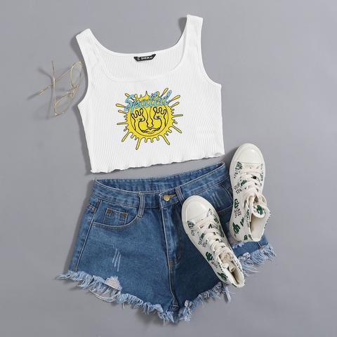 Letter And Graphic Print Lettuce Edge Crop Tank Top