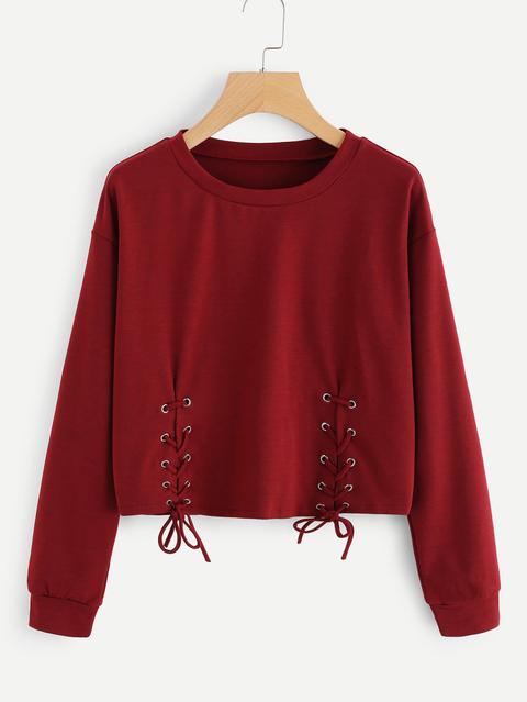 Grommet Lace Up Hem Crop Pullover