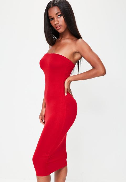 Red Bandeau Bodycon Midi Dress, Red