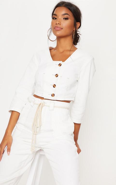 Ecru Contrast Button Denim Crop Top