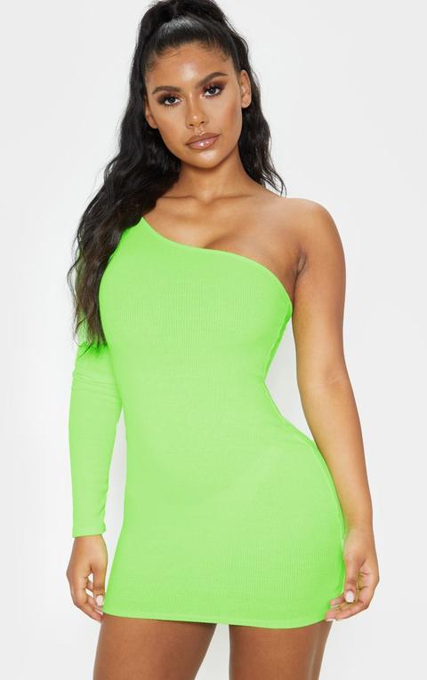 Neon Lime Ribbed One Shoulder Bodycon Dress, Neon Lime