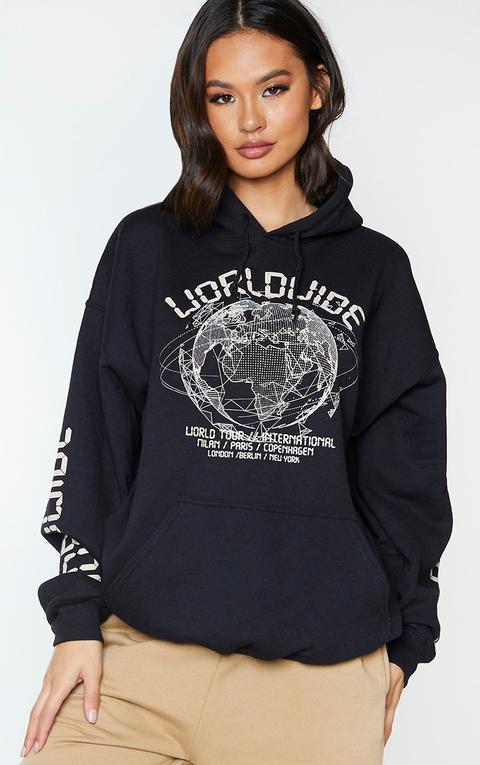 Black Worldwide Oversized Slogan Hoodie