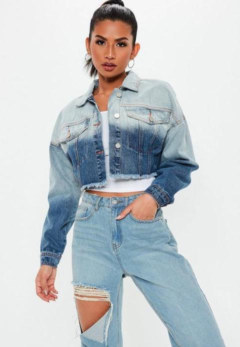 Blue Light Wash Ombre Cropped Denim Jacket, Light Blue