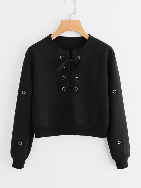 Grommet Detail Lace Up Crop Pullover