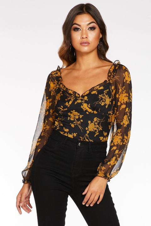 Black And Mustard Floral Print Bodysuit