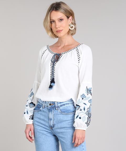 Blusa Feminina Com Bordado E Tassel Manga Longa Off White