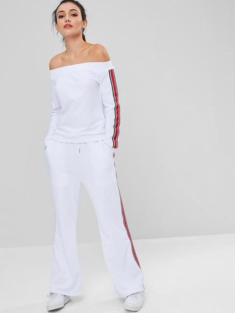 Top Con Spalle Scoperte E Pantaloni A Righe Laterali White