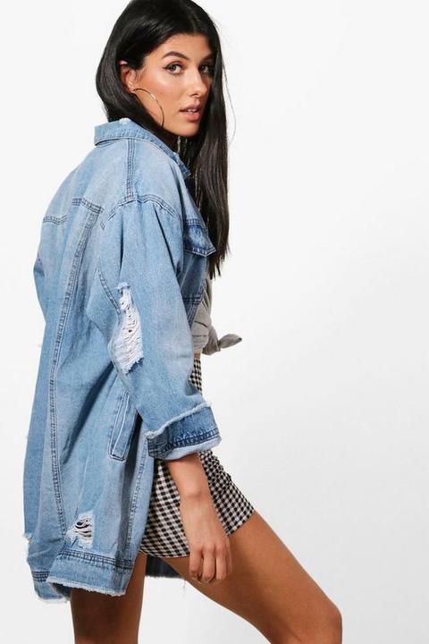 Veste En Denim Longue Aspect Vieilli - Bleu Jean - M/l, Bleu Jean