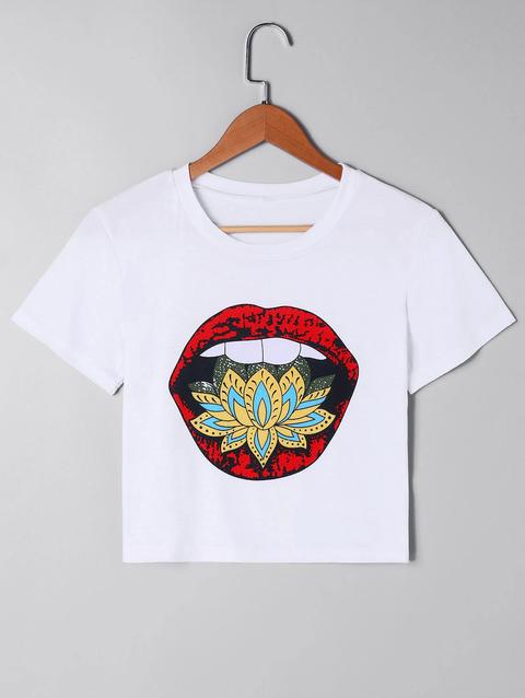 T-shirt Corta Con Stampa Labbra White