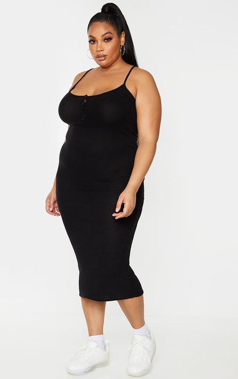 Plus Black Soft Rib Button Front Strappy Midaxi Dress