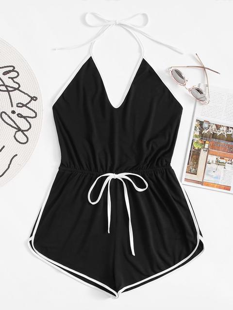 Drawstring Waist Ringer Halter Romper