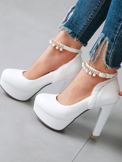 Scarpe Punta Tonda Di Moda Perla Tacco Alto Bianco