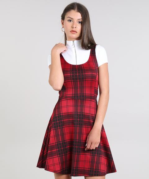 Vestido Feminino Curto Evasê Estampado Xadrez Alça Média Vermelho