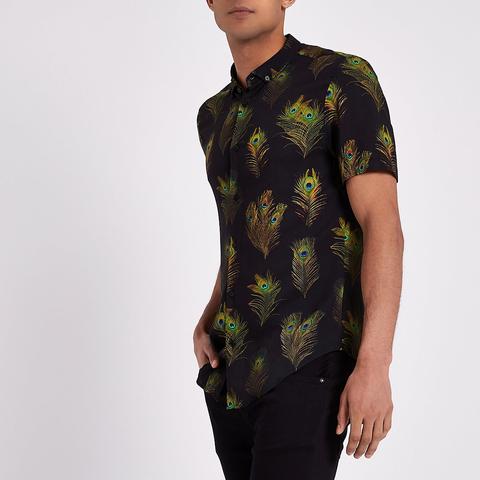 Black Peacock Short Sleeve Slim Fit Shirt