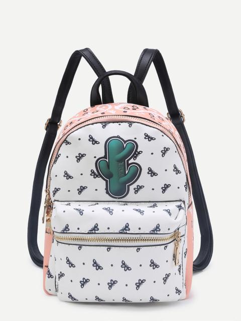 Mochila De Pu Con Detalle De Parche Con Estampado De Mariposa