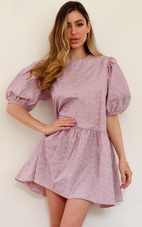 Lilac Broderie Anglaise Puff Sleeve Skater Dress