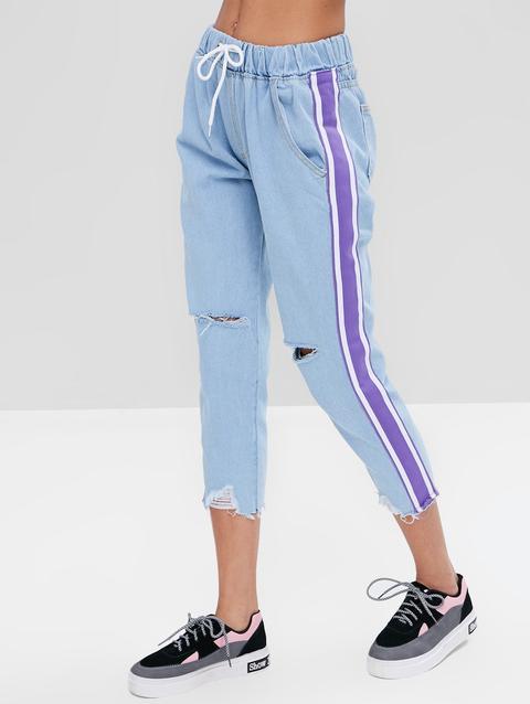 Jeans Da Jogging In Denim Strappati A Righe Laterali