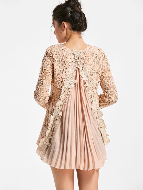 Long Sleeve Pleated High Low Lace Blouse