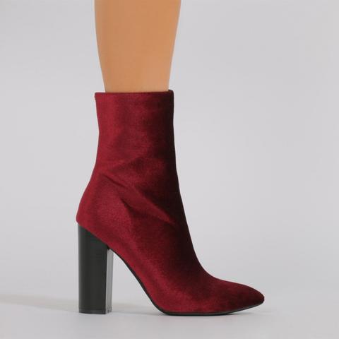 Emerie Pointed Toe Sock Fit Ankle Boots In Bordeaux Velvet