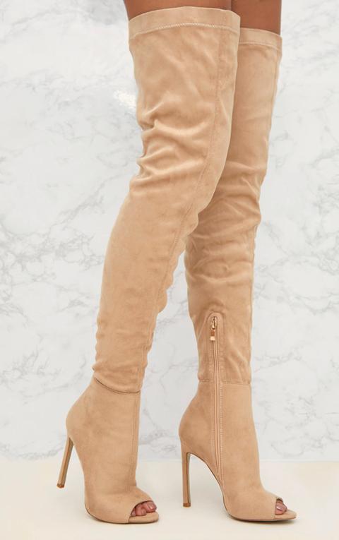 Nude Faux Suede Thigh High Peep Toe Heeled Boots, Pink