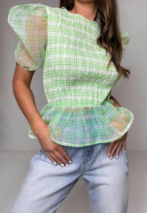 Green Check Organza Puff Sleeve Shirred Top, Green