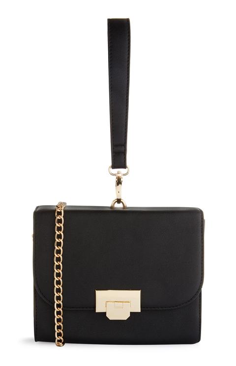 Bolso Cuadrado Negro Con Cadena Dorada