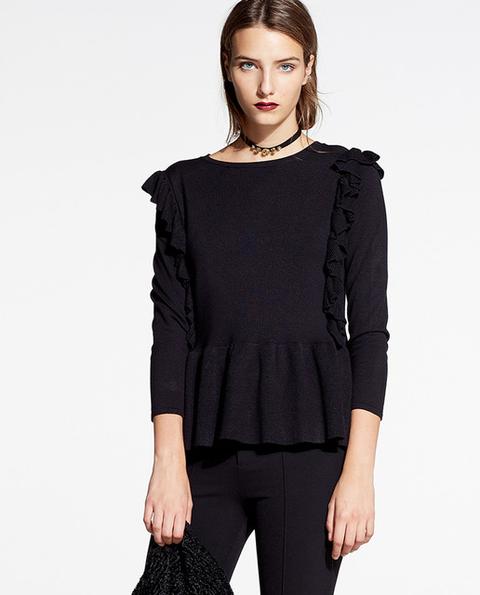 Sfera - Jersey De Mujer Con Cuello Caja Y Volantes Negro