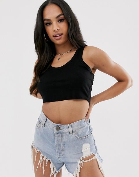 Asos Design - Top Corto Con Scollo Rotondo E Orlo Grezzo Nero - Nero