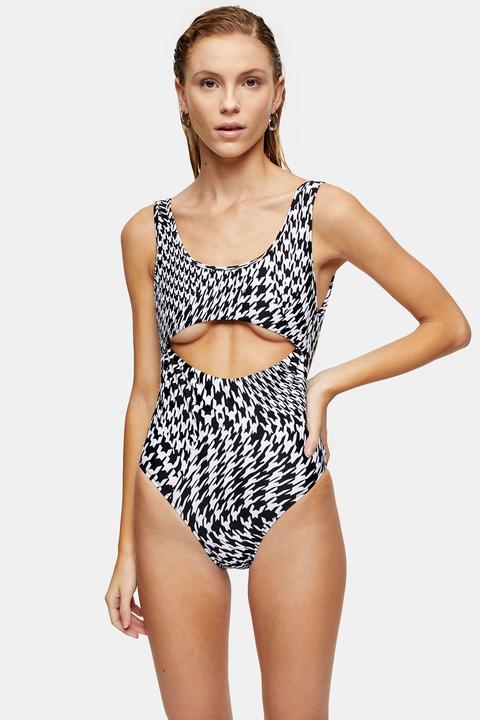 Womens Considered Black And White Houndstooth Cut Out Swimsuit - Monochrome, Monochrome