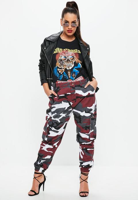 Curve Burgundy Camo Print Trousers, Red