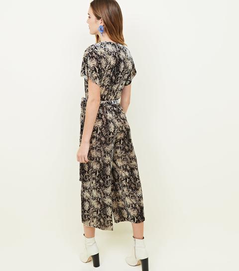Brown Velvet Snake Print Wrap Culotte Jumpsuit New Look