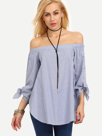 Blusa Polsino Spalle Scoperte A Strisce - Azzurro