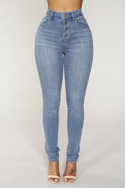 Angela Exposed Button Skinny Jeans - Medium Blue Wash