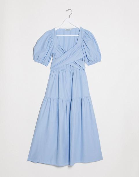 Stradivarius Midi Poplin Dress With Belt In Blue