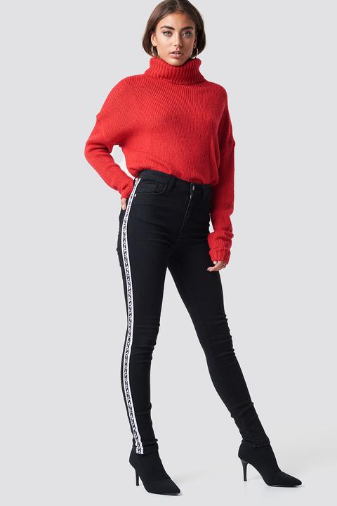 Skinny High Waist Side Stripe Jeans Schwarz